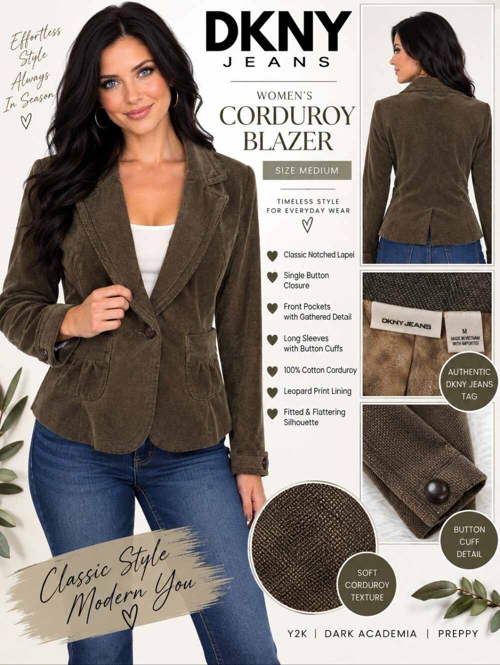 DKNY Jeans Women’s Corduroy Blazer Olive Brown Size Medium